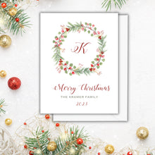Load image into Gallery viewer, Christmas Greeting Card, 5 x7 Personalized with wreath, FREE SHIPPING