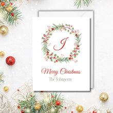 Load image into Gallery viewer, Christmas Greeting Card, 5 x7 Personalized with wreath, FREE SHIPPING