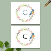 Load image into Gallery viewer, Personalized Note Cards, Spring Wreath with Blue Bird

