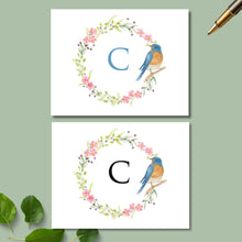 Load image into Gallery viewer, Personalized Note Cards, Spring Wreath with Blue Bird