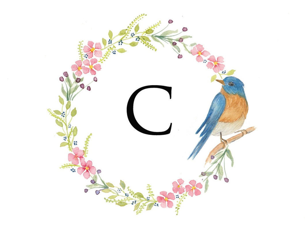 Personalized Note Cards, Spring Wreath with Blue Bird