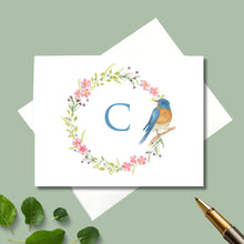 Load image into Gallery viewer, Personalized Note Cards, Spring Wreath with Blue Bird
