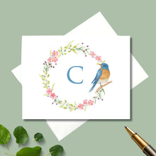 Load image into Gallery viewer, Personalized Note Cards, Spring Wreath with Blue Bird