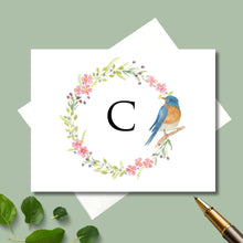 Load image into Gallery viewer, Personalized Note Cards, Spring Wreath with Blue Bird